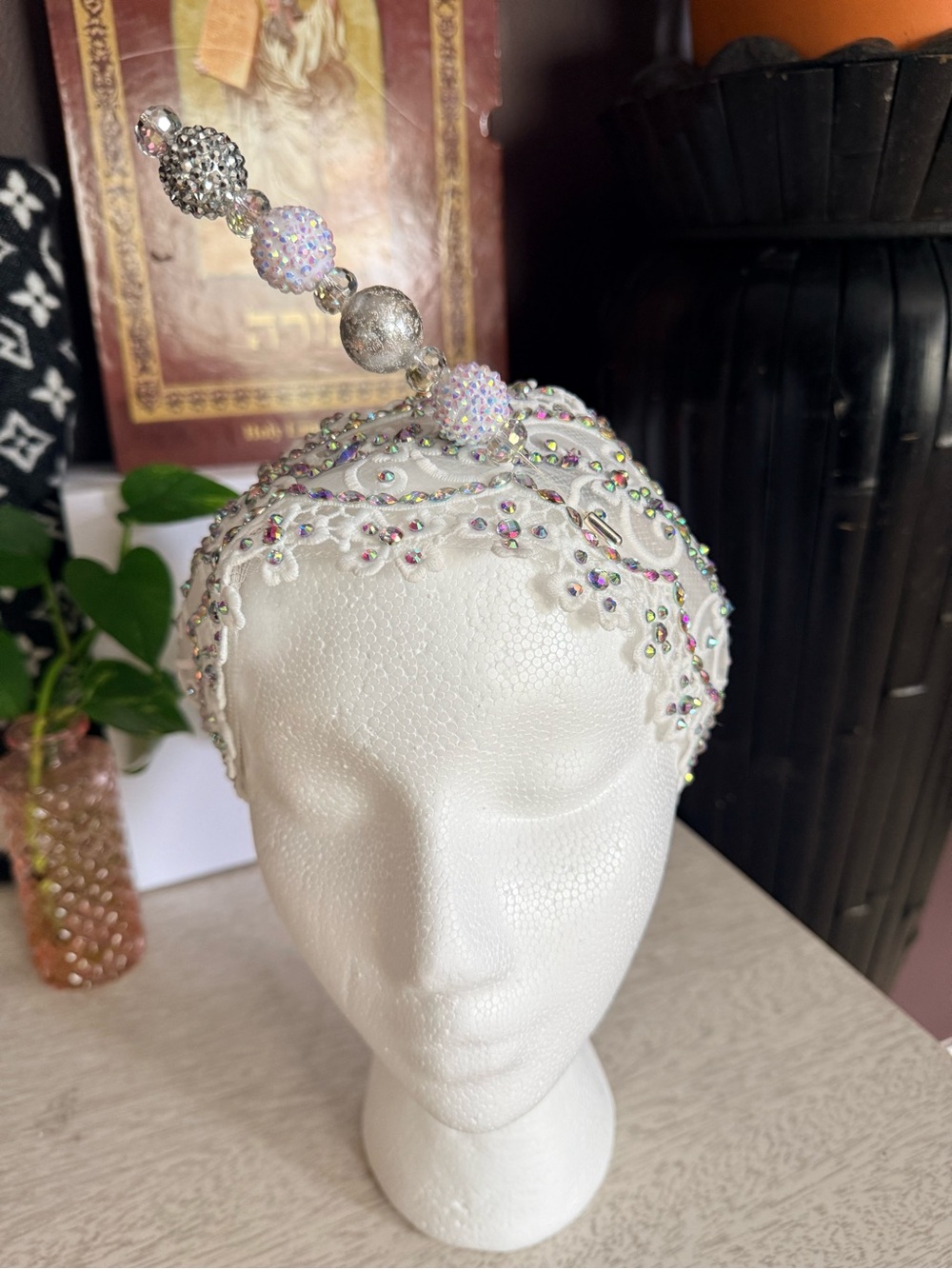 White Beaded Embellished Headband with Decorative Orb Accent